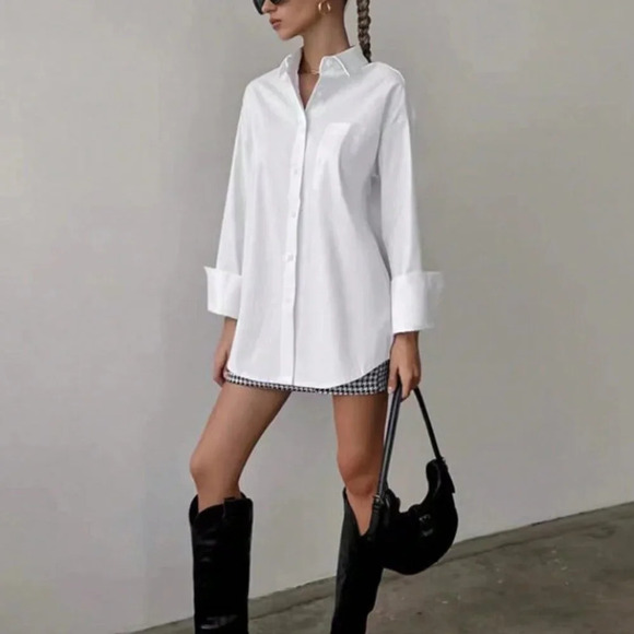 White Casual Women's Loose Long Sleeved Shirt - Picture 3 of 3